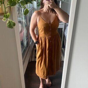 JAPNA Cotton and Linen Blend Golden Brown Midi Dress with Pockets Size M